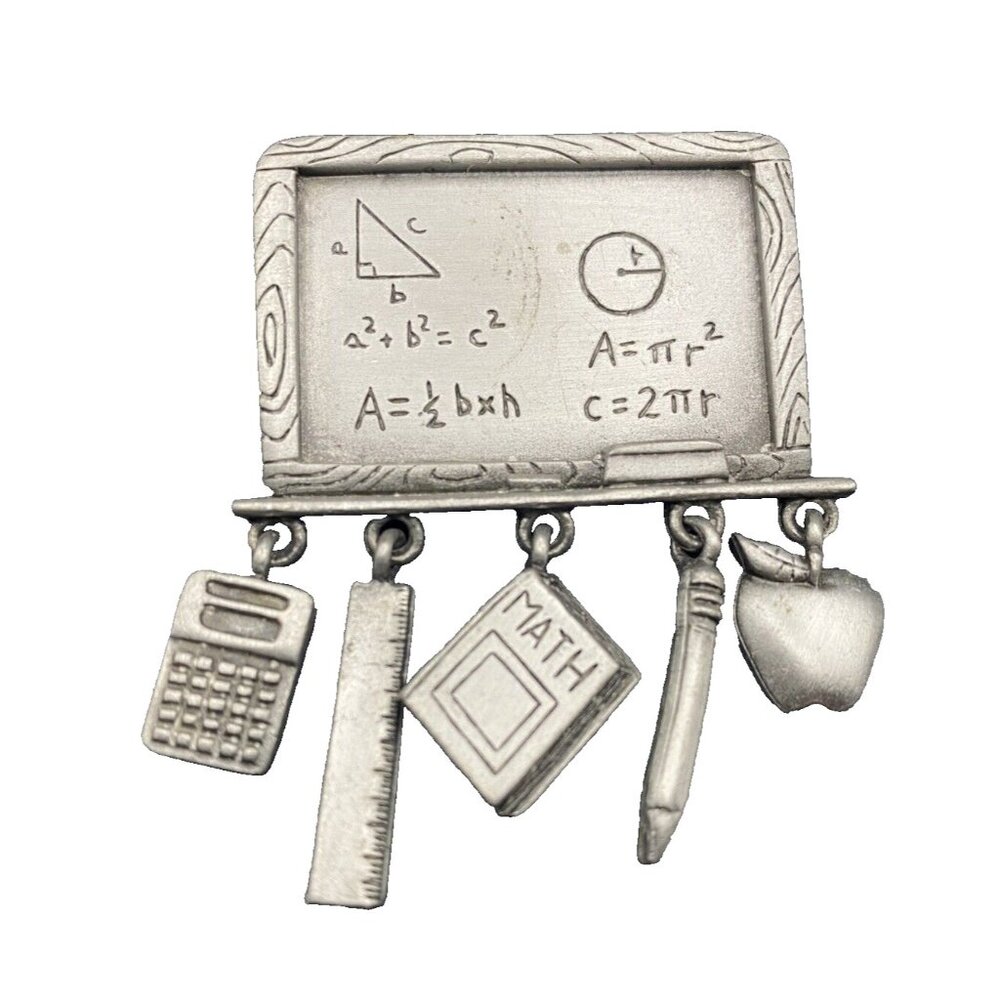 Vtg JJ JONETTE Brooch Pin Pewter Math Teacher Chalkboard Charm School Algebra - Picture 1 of 11